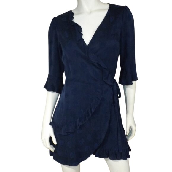 LINE + DOT Mini Dress, M, True Wrap, Navy Jaquard Floral, Ruffle Trim, Short - Picture 1 of 11